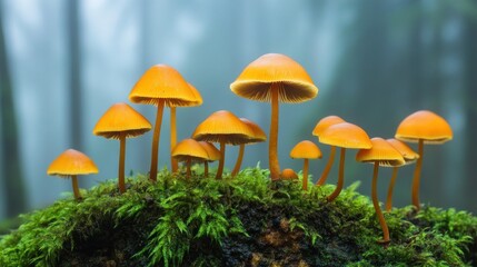 Fototapeta premium A cluster of vibrant orange mushrooms growing on moss in a misty forest setting.