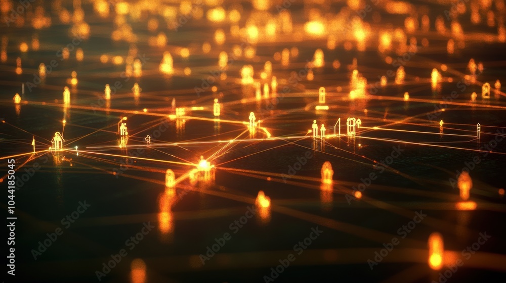 Poster a digital landscape with glowing nodes and lines representing a network or data flow.