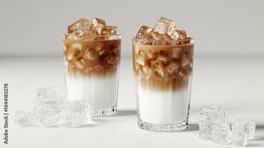 Poster refreshing iced coffees with milk and ice cubes under bright light generative ai