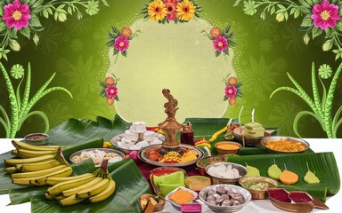 Festive Indian sweets and fruits on banana leaves with floral background and copy space.