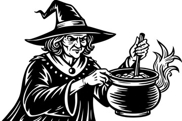 Illustration of Cartoon old witch preparing a potion