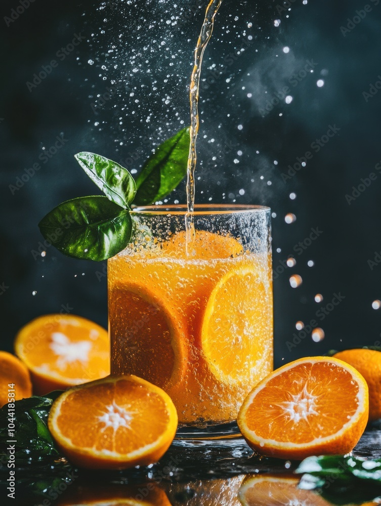 Aufkleber freshly squeezed orange juice cascades into a glass, surrounded by sliced oranges and green leaves, 