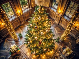 Fototapeta premium Elegant Vintage Christmas Tree Decorations with Golden Holiday Glow for Festive Cheer