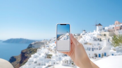Naklejka premium Tourist capturing a selfie while exploring the beautiful Santorini island and sharing on social media