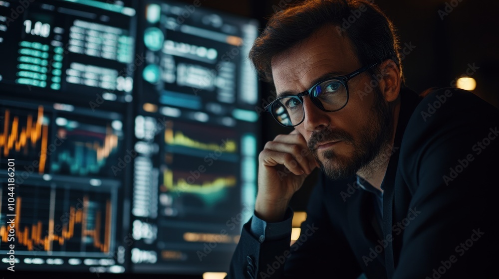 Poster a focused professional analyzing financial data on multiple screens.