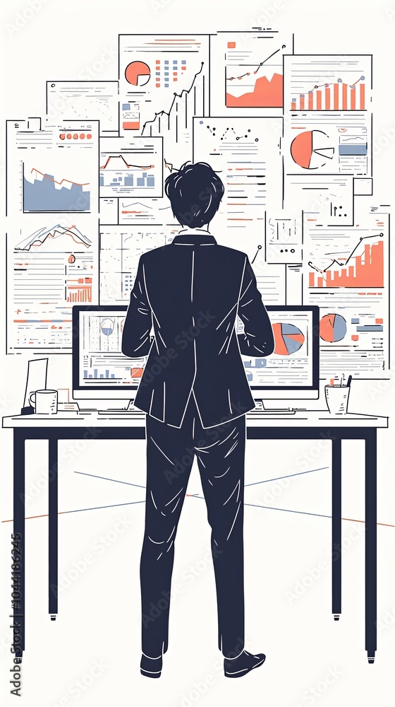 Poster focused professional analyzing data charts and graphs in office