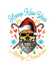 Skull with beard and mustache in Santa Claus hat. Christmas and New Year poster. Original vector illustration in vintage style. T-shirt design.