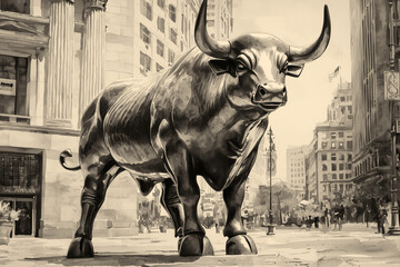 Black and White Representation of a Bronze Bull Symbolizing Strength and Prosperity in Finance
