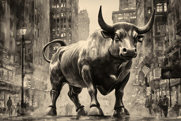 Black and White Representation of a Bronze Bull Symbolizing Strength and Prosperity in Finance