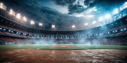 Empty Night Baseball and Cricket Arena with Fog and Spotlights - Urban Exploration Photography