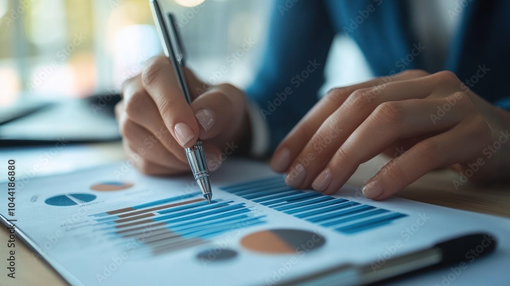 Poster a person analyzing data charts with a pen on a document.