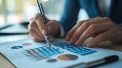 A person analyzing data charts with a pen on a document.
