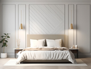 Living room interior in modern minimalist style with wooden panneling and bronze metallic accent decor. Neutral and light colors interior with wood wall panels. Wood wall panneling.