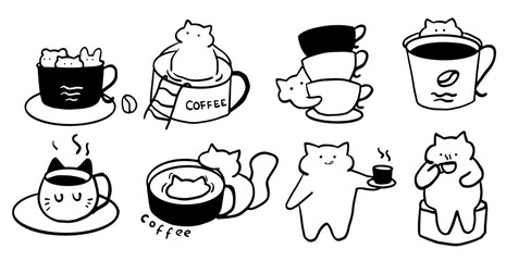Cat x Coffee Set Illustration | Cute Minimalist Doodle Vector for Coffee and Pet-Themed Designs