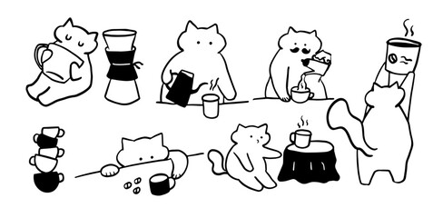 Cat x Coffee Set Illustration | Cute Minimalist Doodle Vector for Coffee and Pet-Themed Designs