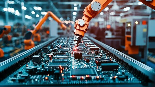 A robotic arm is assembling electronic components on a circuit board in a high-tech industrial environment, showcasing automation in manufacturing.