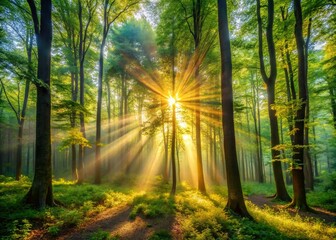 Obraz premium Enchanting Sun Beams in a Deep Forest - Long Exposure Photography