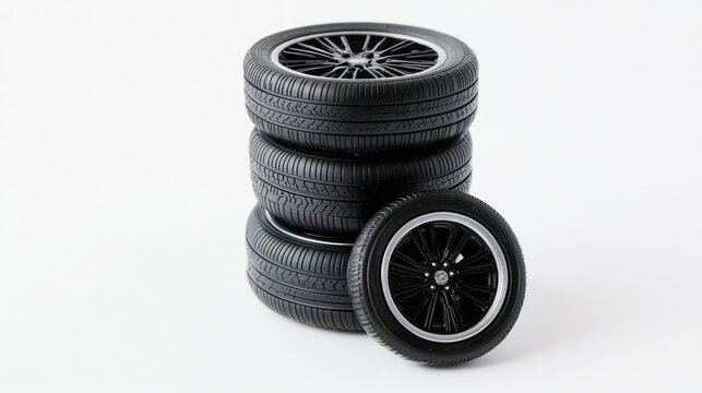 recommend clip art: Stacked Black Tires Showcasing Different Tread Designs and Rims Generative AI