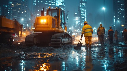 construction site at night with bright floodlights illuminating the area