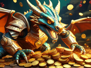 Armoured Dragon Guarding a Horde of Gold Coins