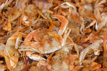 Abstract shapes, patterns and textures of crispy fried crab dishes. Savory and crunchy taste. Street food in Indonesia. contains a lot of protestin.Natural pattern and texture background. Copy space.