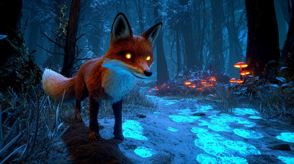 stylized 3D model of fox in enchanted forest, surrounded by glowing mushrooms and mystical atmosphere. scene evokes sense of wonder and magic