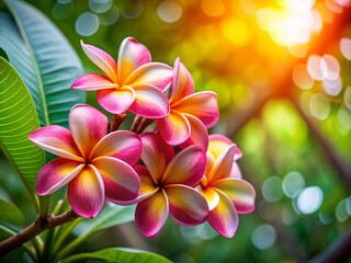 Fototapeta premium Exotic Frangipani Flowers in Tropical Garden with Copy Space for Beauty and Fragrance Promotion