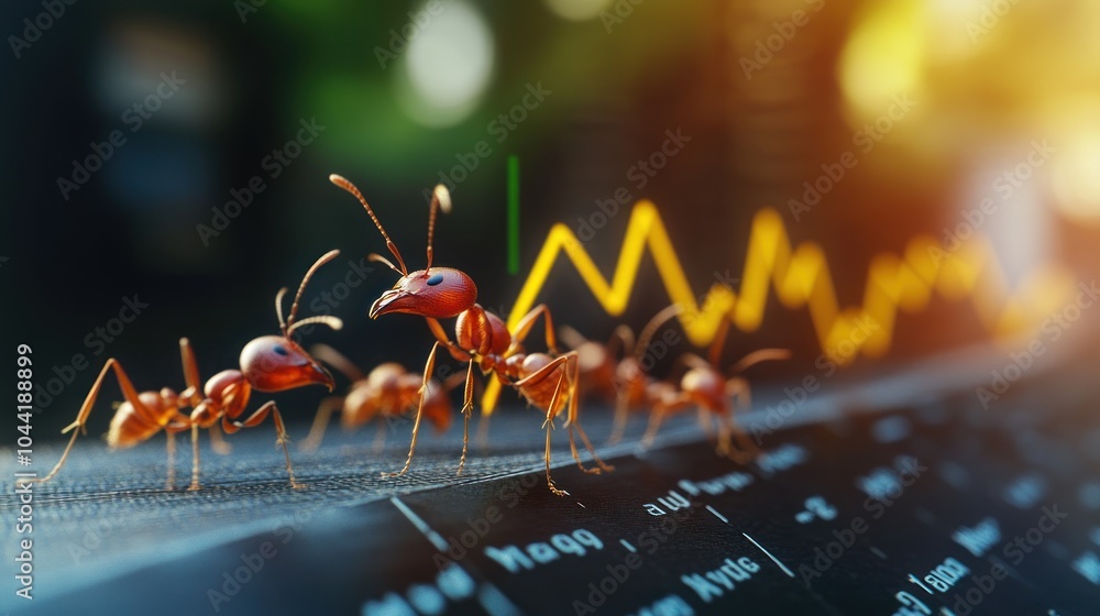 Aufkleber ants walking on a surface with a rising graph line in the background.