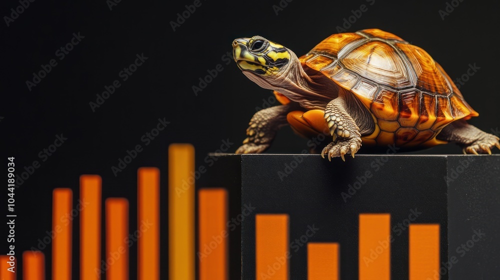 Poster a turtle perched on a pedestal with a colorful bar graph backdrop, symbolizing growth.