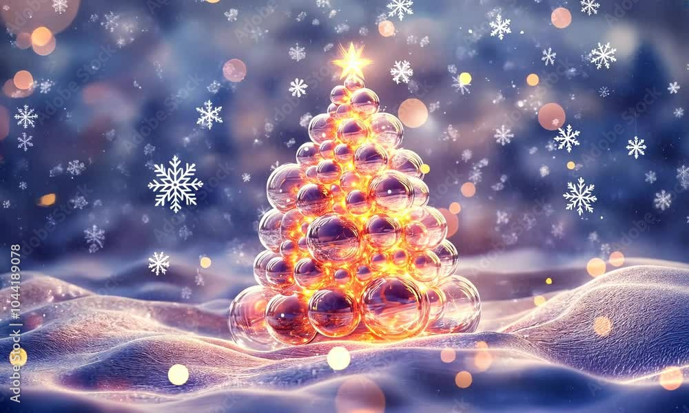 Poster a glowing christmas tree composed of transparent spheres and twinkling lights, surrounded by softly 