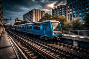 Naklejka premium Fast Moving Blue Train in Urban Landscape Captured in Documentary Style for Stunning Visuals