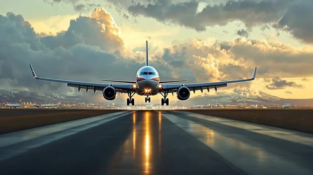 A large airplane lands on a runway during a dramatic sunset