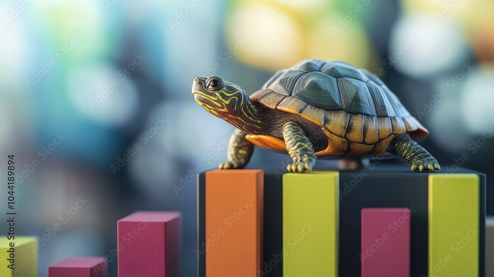 Poster a turtle perched on colorful bar graphs, symbolizing growth and progress.