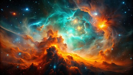 Fiery Nebula in Orange and Teal Hues - Stunning Night Photography of Outer Space Beauty