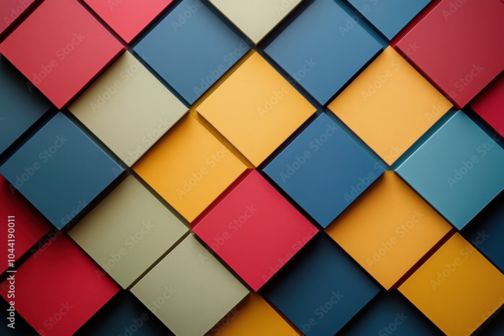Poster vibrant arrangement of squares and rhombuses in various shades creates a striking geometric abstract