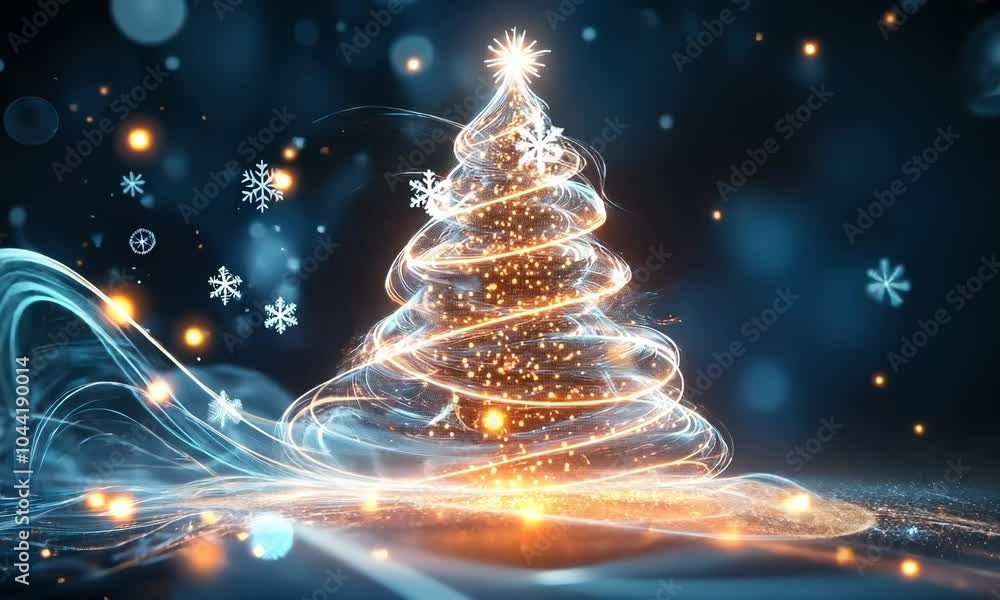 Poster a glowing christmas tree composed of transparent spheres and twinkling lights, surrounded by softly 