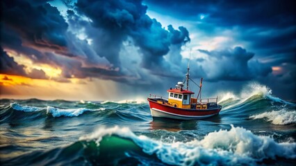 Fishing Boat Battling Stormy Seas - Tilt-Shift Photography Effect for Dramatic Impact