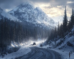 Snow-covered mountain highway through pine forest, winter atmosphere, dramatic lighting