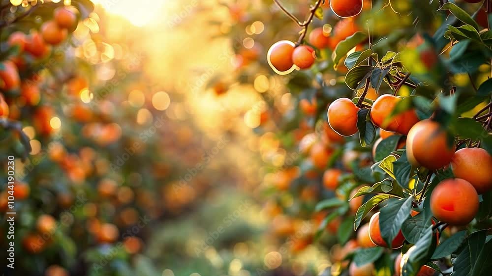 Poster this ripening oranges hang from trees in a peaceful grove illuminated by warm sunlight.