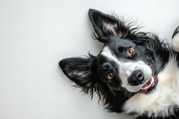 Fototapeta premium High-Resolution Portrait of a Playful Border Collie Lying Down on a White Background - Happy Dog with Expressive Eyes and Floppy Ears in Relaxed Pose