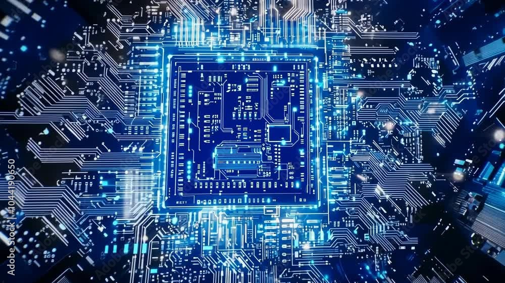 Poster a close-up of a circuit board with glowing blue lines, illustrating the complexity of modern technol