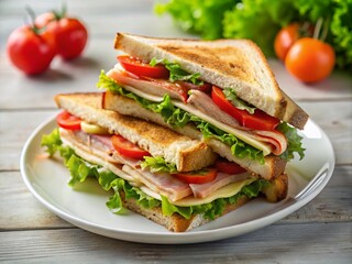 Fresh Club Sandwich Halves on White Plate - Delicious Food Photography