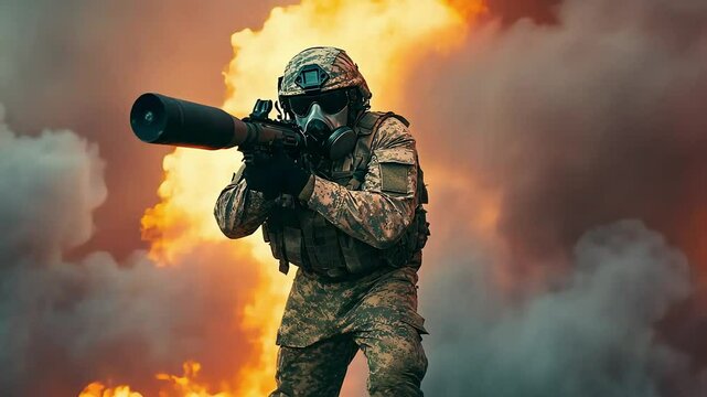 A soldier in tactical gear aims a weapon amidst an explosion, showcasing a dramatic military scene filled with smoke and fire.
