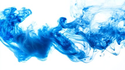Close shot of blue paint or ink in water on a bright white background
