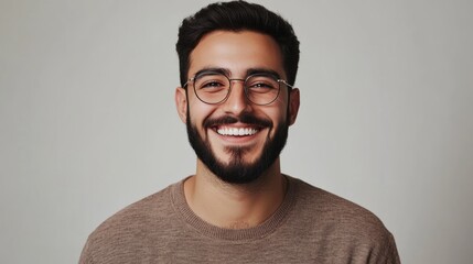 Obraz premium Close portrait shot of smiling young man of Arab descent with beard and glasses isolated on empty light background with space for text or inscriptions, front view 