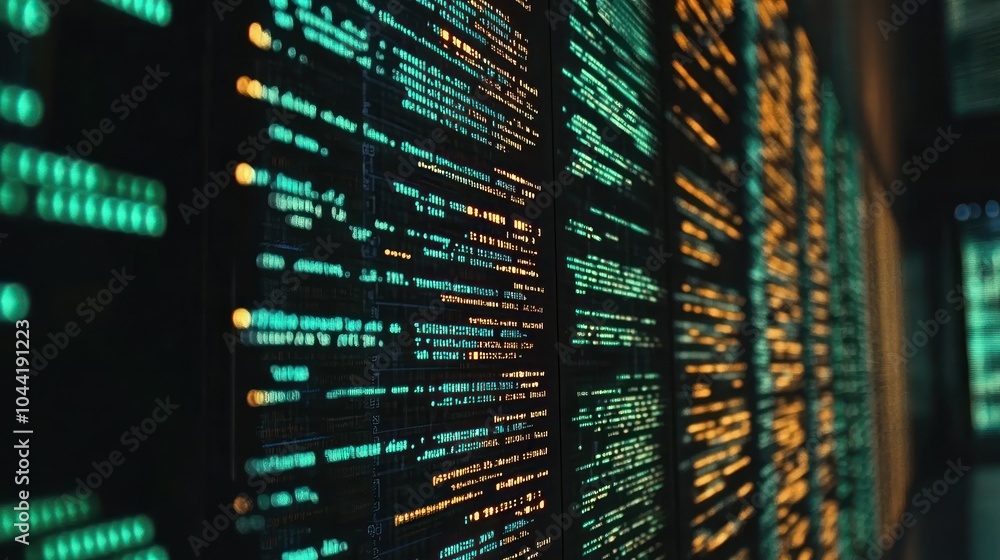 Poster a digital display featuring lines of code in vibrant colors, suggesting a tech environment.