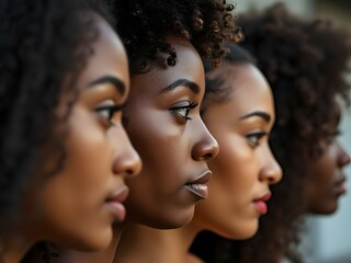 Obraz premium Close-up of a diverse group of women with glowing, smooth skin and focused gazes from different ethnicity. Youth and skin care concept