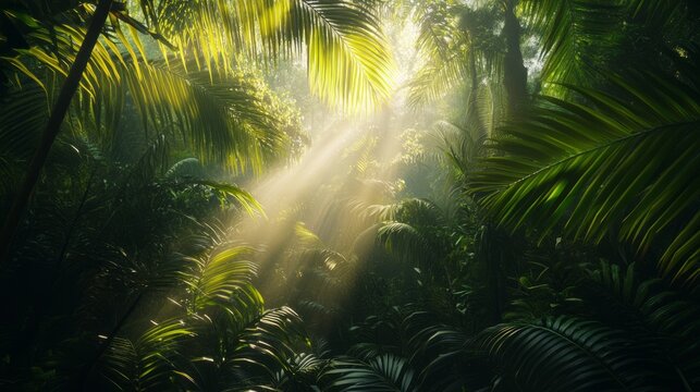 Beautiful lush green tropical forest with sunlight penetrating through the leaves close up, with space for text or inscriptions
