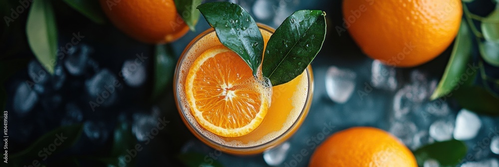 Poster a glass of refreshing orange juice garnished with a slice of orange and green leaves rests on ice, s