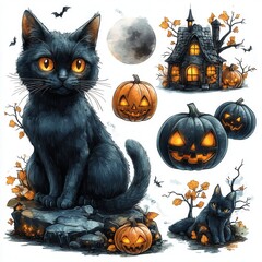 Obraz premium A charming clipart Halloween collection featuring black cats, pumpkins, a spooky house, and autumn leaves on a crisp white background